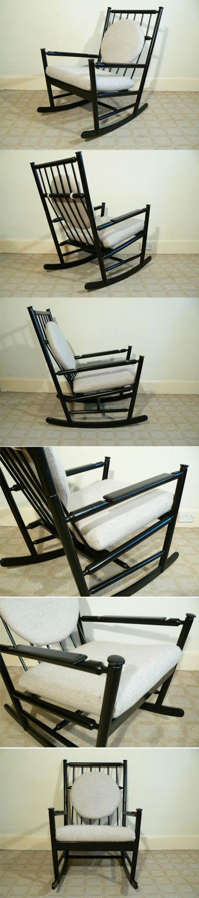  An ebonised rocking chair c1960s. In the manner of Karl Axel Adolfson. Of superb form, with beautiful detailing. Original off white/grey fleck, fabric.(New foam)    