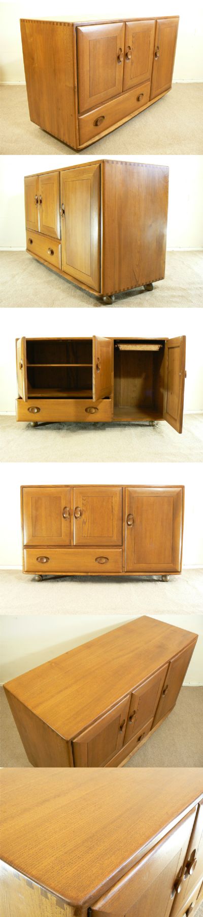 A small Ercol sideboard, c1960s. Manufactured from solid elm and standing on castors with interior cutlery draw.